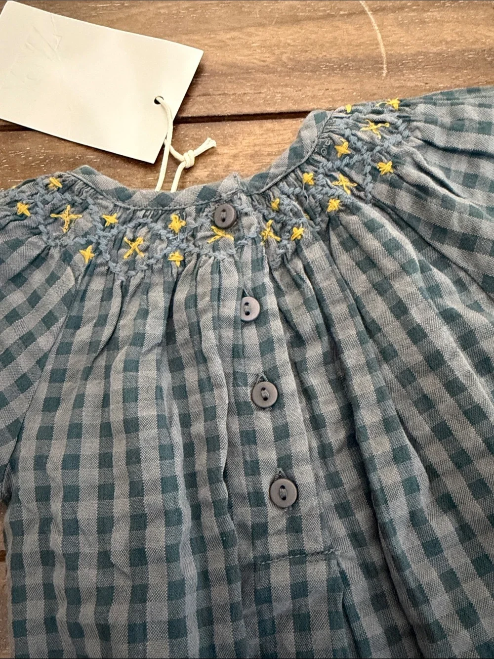 Zara Blue Gingham Long-Sleeve Smocked Bodysuit with Yellow Embroidery